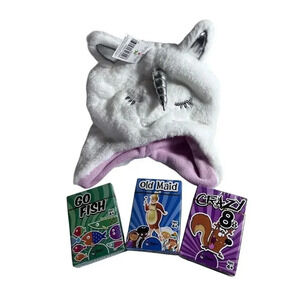 Regal Old Maid, Go Fish, Crazy 8s Card Games New Unicorn Winter Hat Mittens Kids